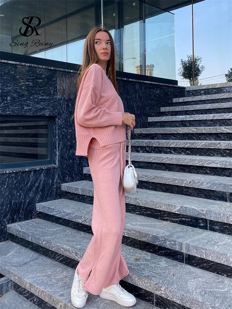 Women's Two Piece Pants SINGREINY Fashion Casual Knitted Pieces Sets Long Sleeves Loose Sweater Wide Leg Female Winter 221130