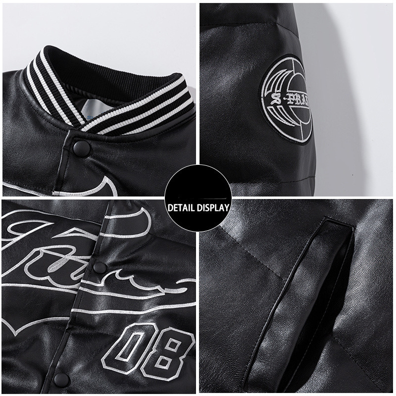 Men's Down Parkas Hip Hop PU Leather Baseball Jacket Man Women Trend Letter Embroidery Winter Coats Mens Autumn Casual Loose Thicken Parka 221129