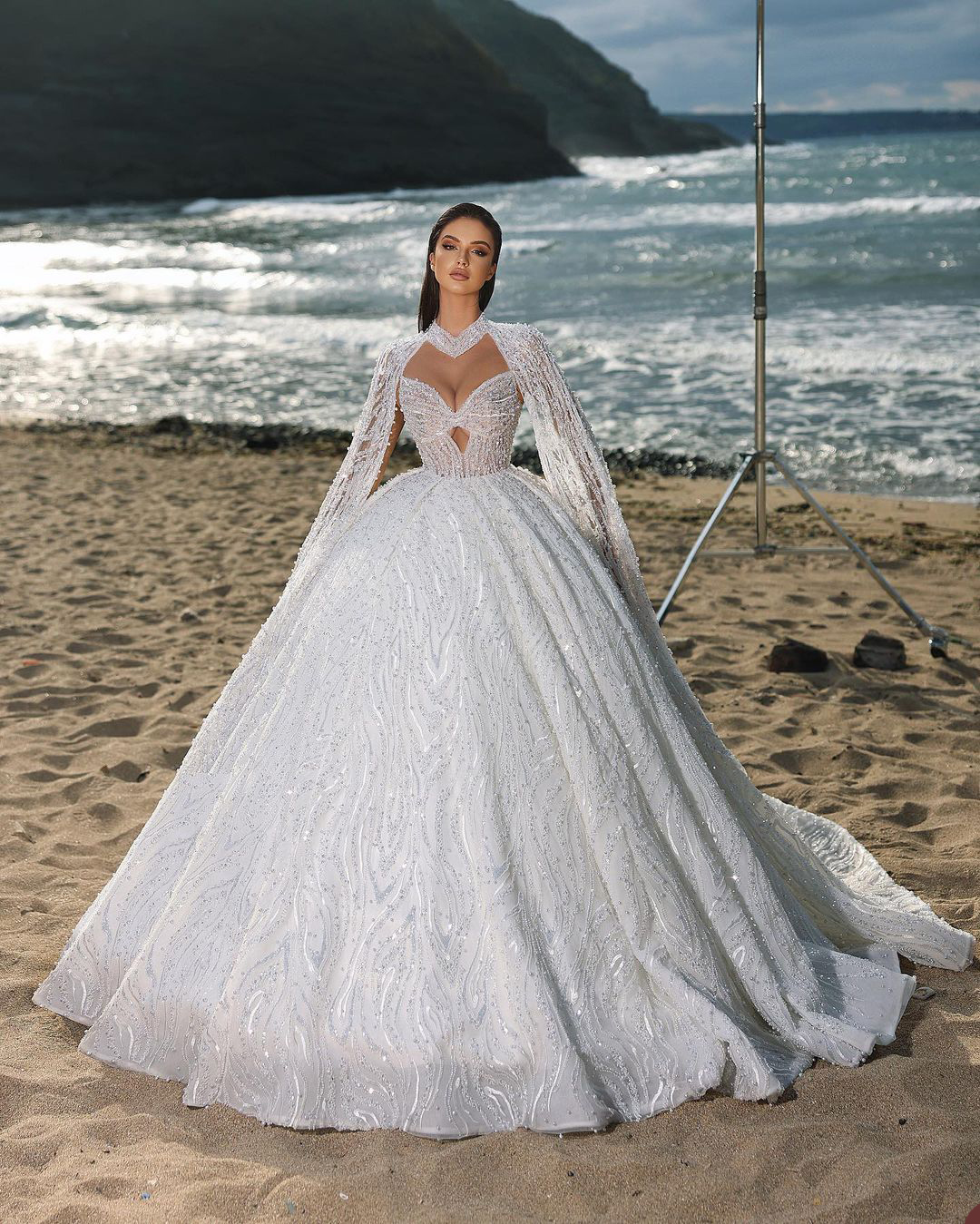 Exquisite Beading Wedding Dress Ball Gown Custom Made Shiny High Neck Sequins Lace Church Bridal Dresses
