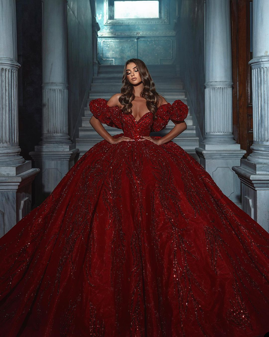 Luxurious Red Wedding Dress Off Shoulder Bridal Gowns Lace Ruffles Sequins Robe de mariee