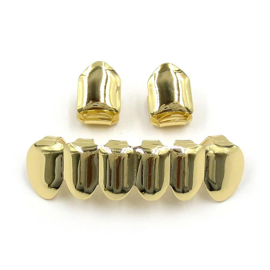 18K Real Gold Grillz Dental Mouth Fang Grills Braces Plain Punk Hiphop Up 2 Bottom 6 Teeth Tooth Cap Cosplay Costume Halloween Par