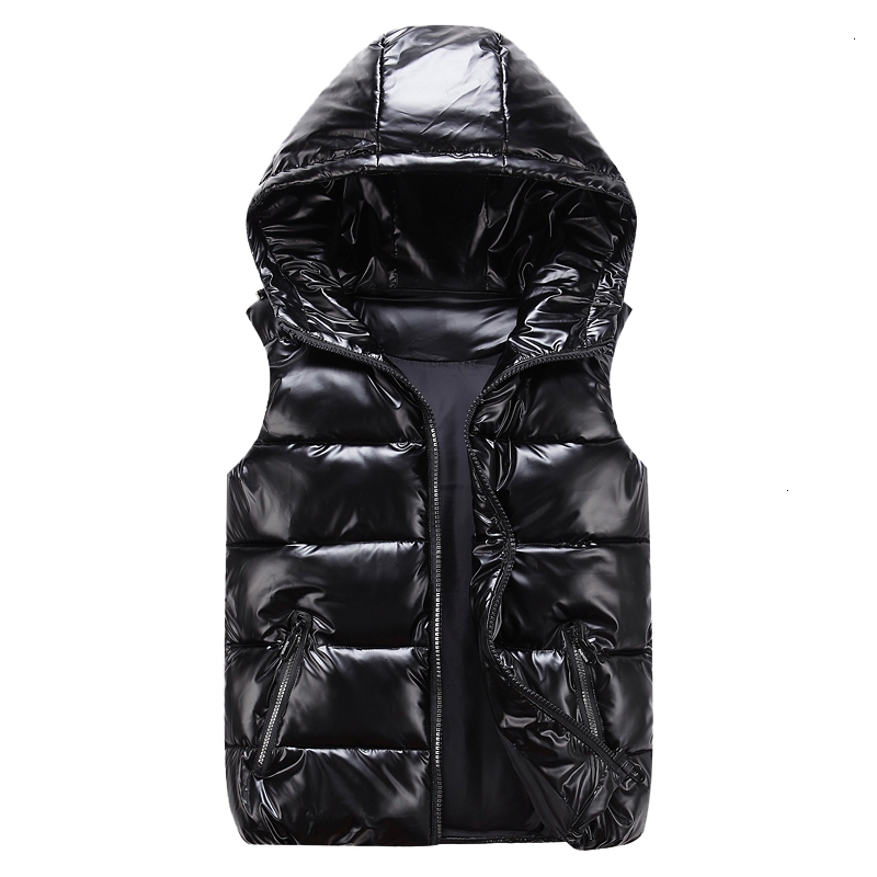 Men's Vests Men's Sleeveless Jacket Fashion Shiny Vest Winter Warm Hood Pockets Cotton Padded Husband Red Black Autumn Down Waistcoat Male 2