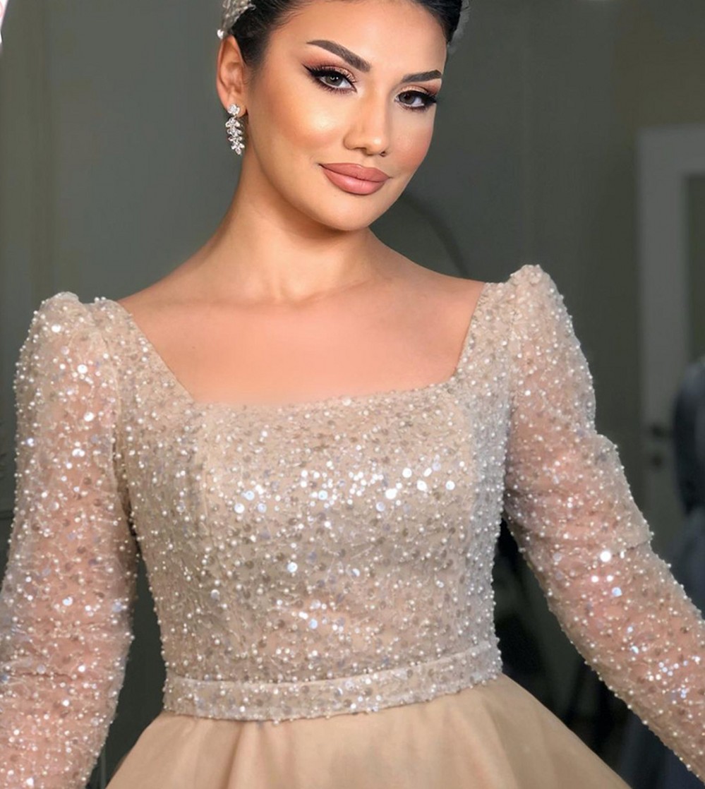 Champagne Dubai Evening Night Dress for Women 2023 Square Neck Aline Ankle Length Formal Prom Party Gowns Robe De Soiree