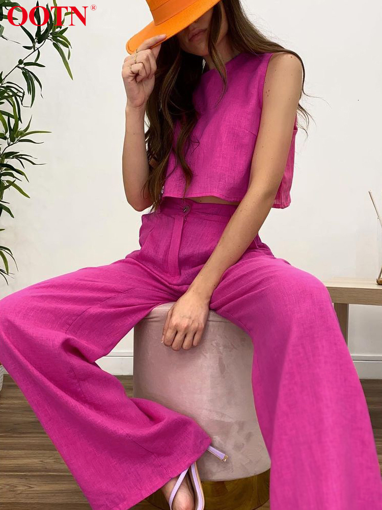 Women's Two Piece Pants OOTN Streetwear Cotton Linen O-Neck Tank Crop Top Chic 2 Pieces Sets Elastic Waist Wide Leg Suits Women Casual Fall 22113