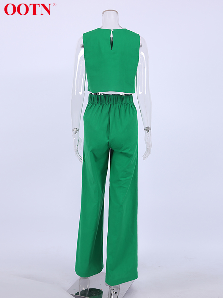 Women's Two Piece Pants OOTN Streetwear Cotton Linen O-Neck Tank Crop Top Chic 2 Pieces Sets Elastic Waist Wide Leg Suits Women Casual Fall 22113