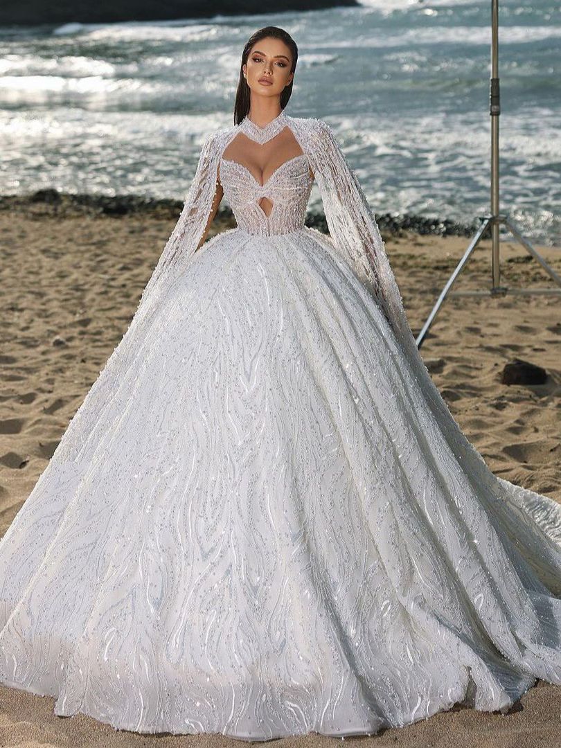 Exquisite Beading Wedding Dress Ball Gown Custom Made Shiny High Neck Sequins Lace Church Bridal Dresses