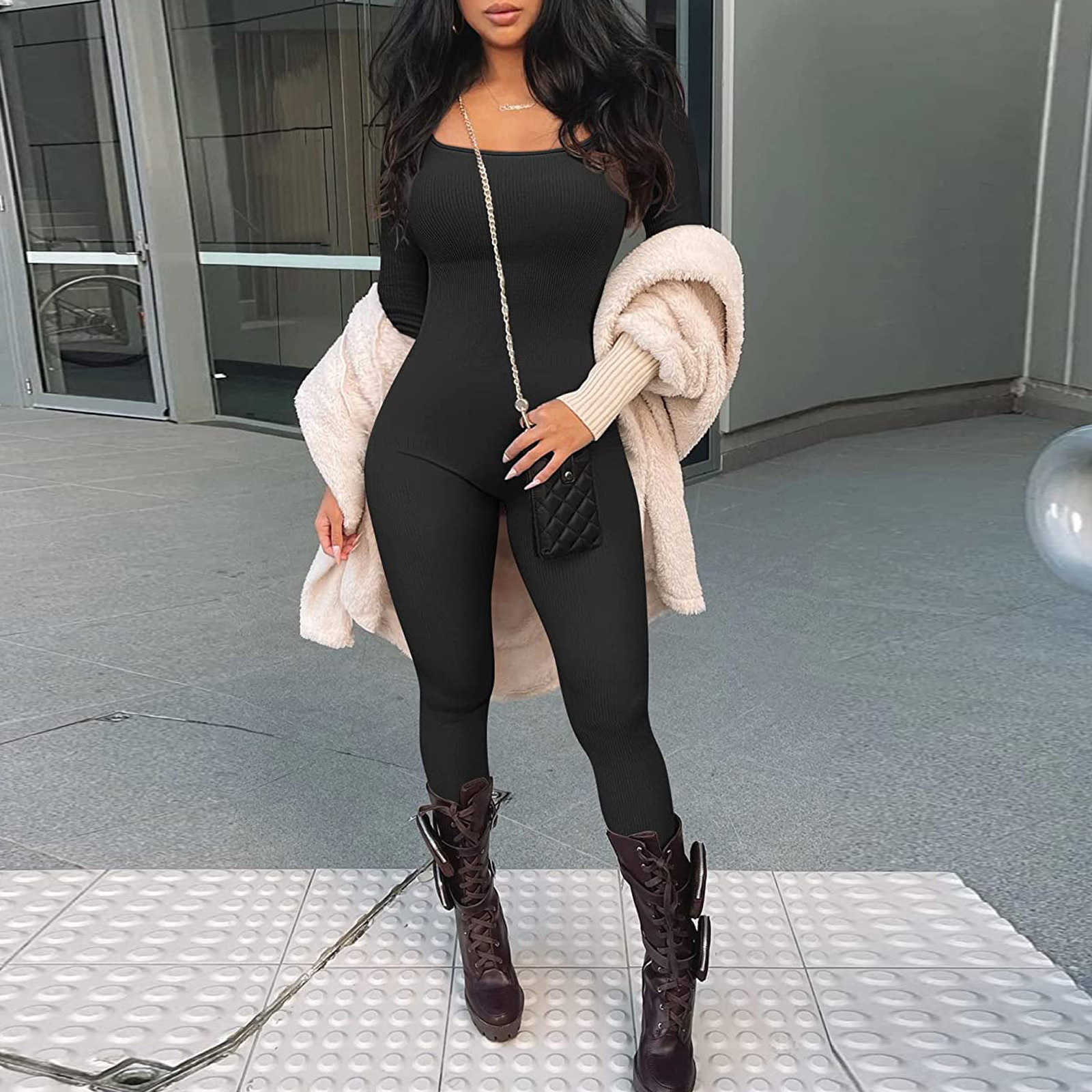 Women Jumpsuits Designer 2023 Slim New Clothing Solid Spring Winter New Product Threaded Square Neck Hip Lifting One Piece Pants Rompers