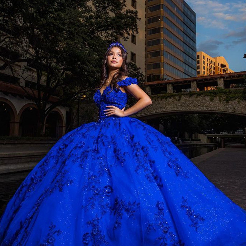 Royal Blue Quinceanera Dresses for Sweet 15 Year Prom Gowns Off the Shoulder Sequined 3D Flower Birthday Party Dress