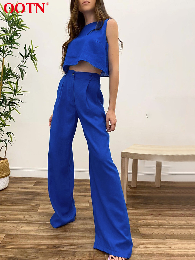 Women's Two Piece Pants OOTN Streetwear Cotton Linen O-Neck Tank Crop Top Chic 2 Pieces Sets Elastic Waist Wide Leg Suits Women Casual Fall 22113