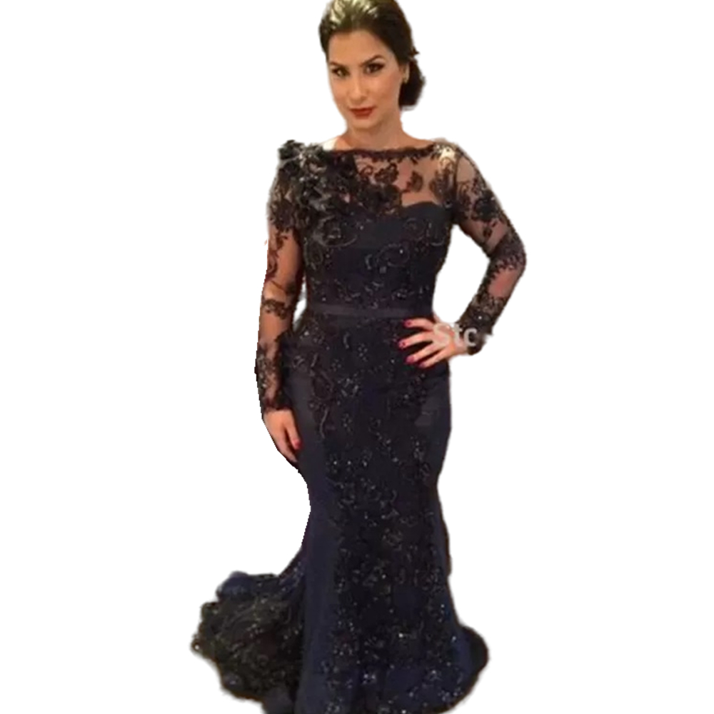 Vintage Lace Mermaid Evening Dresses 2023 Navy Blue And Black Sheer Long Sleeves Backless Arabic Formal Party Gowns Fashionable Prom Dress Engagement 