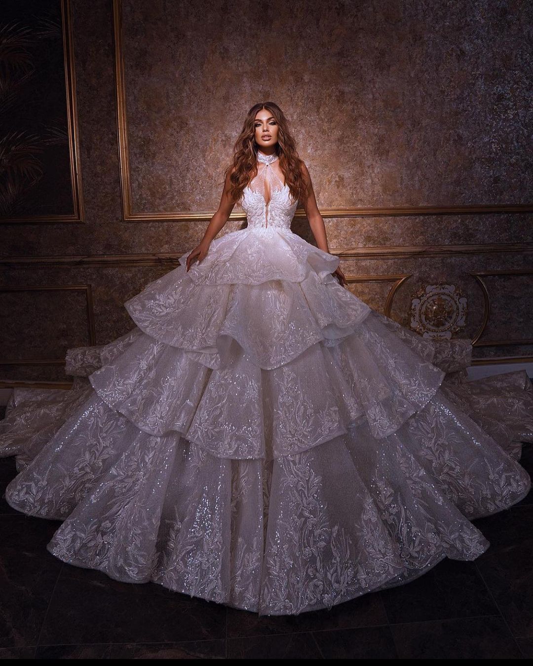 urious Tiered Wedding Dress Ball Gown Custom Made Halter Sequins Lace Backless Church Bridal Dresses
