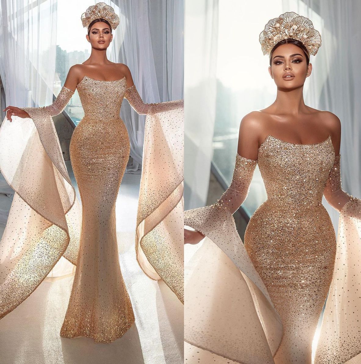 Glitter Champagne Prom Dresses Scoop Beading Party Dresses Sequined Long Sleeves Custom Made Evening Dress