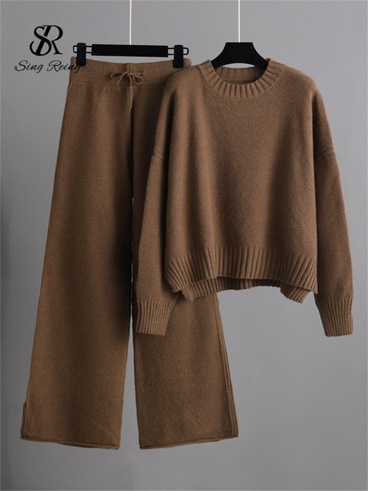 Women's Two Piece Pants SINGREINY Fashion Casual Knitted Pieces Sets Long Sleeves Loose Sweater Wide Leg Female Winter 221130