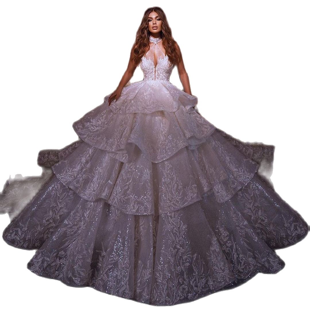 urious Tiered Wedding Dress Ball Gown Custom Made Halter Sequins Lace Backless Church Bridal Dresses