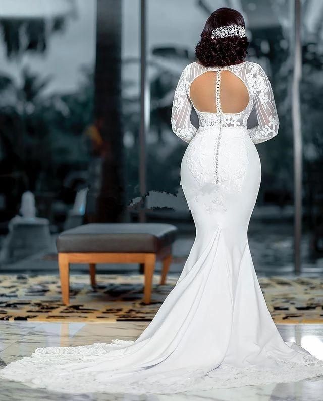 Lace Satin African Mermaid Wedding Dresses Jewel Neck Long Sleeves Bridal Gowns Plus Size Lace Appliqued See Through Back Vestidos De Novia