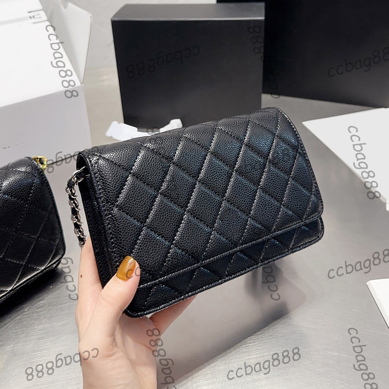 Luxury Designer Caviar Leather WOC Walet Bags Phone Card Holder Multi Pochette Purse Gold/Silver Metal Chain Crossbody Shoulder Outrdoor Handbags 19X12CM