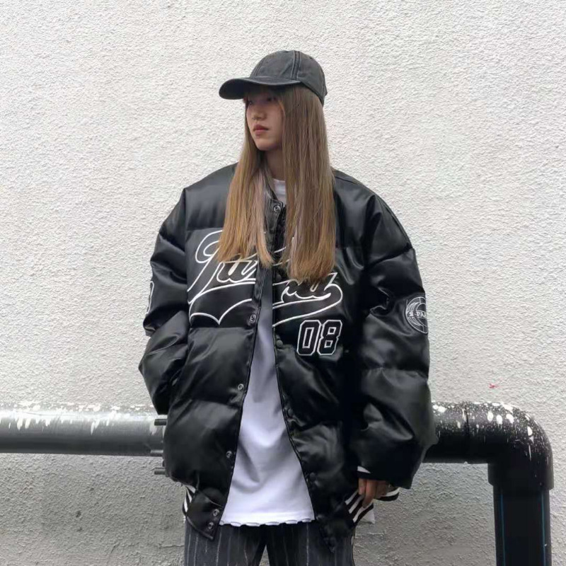 Men's Down Parkas Hip Hop PU Leather Baseball Jacket Man Women Trend Letter Embroidery Winter Coats Mens Autumn Casual Loose Thicken Parka 221129