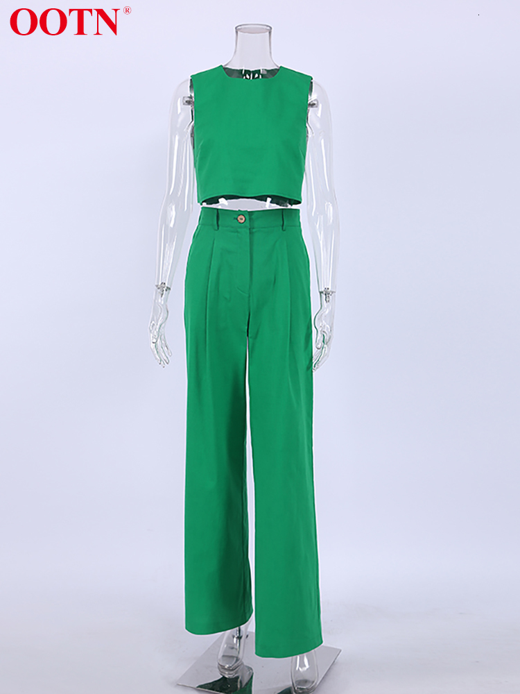 Women's Two Piece Pants OOTN Streetwear Cotton Linen O-Neck Tank Crop Top Chic 2 Pieces Sets Elastic Waist Wide Leg Suits Women Casual Fall 22113