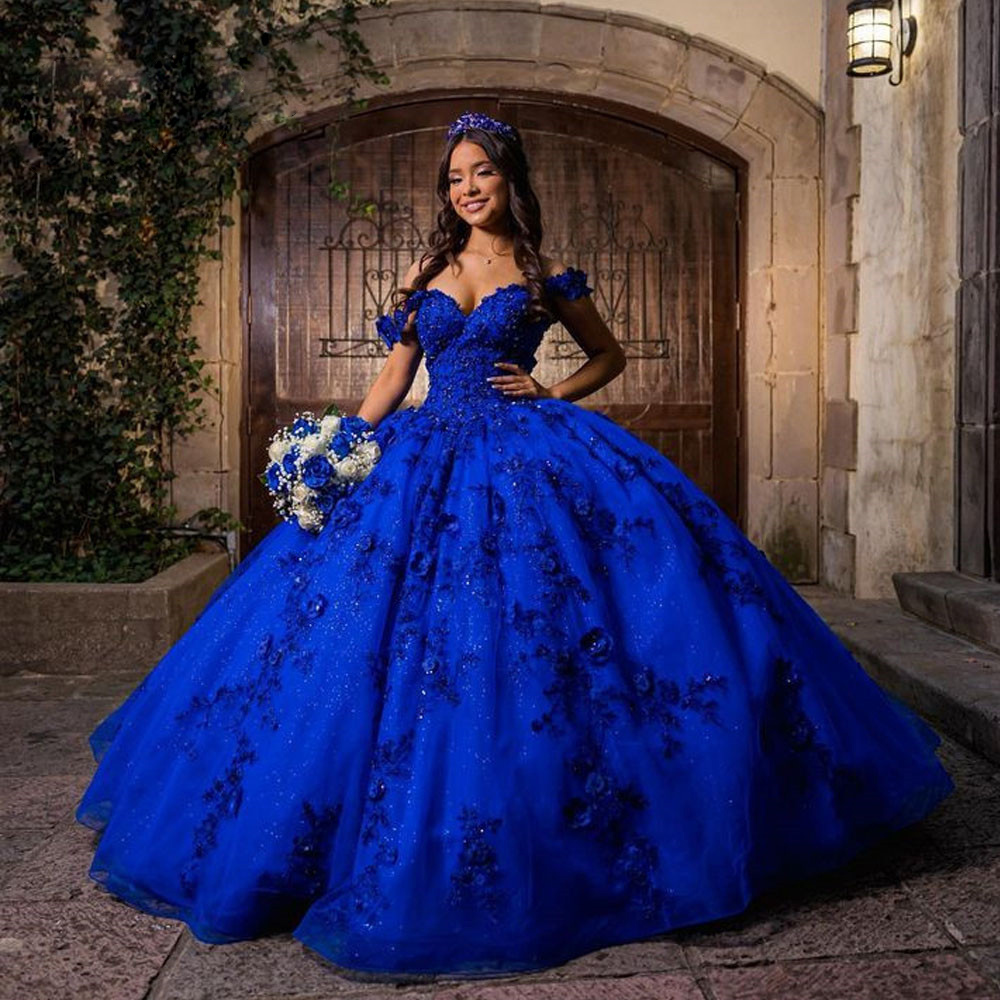 Royal Blue Quinceanera Dresses for Sweet 15 Year Prom Gowns Off the Shoulder Sequined 3D Flower Birthday Party Dress