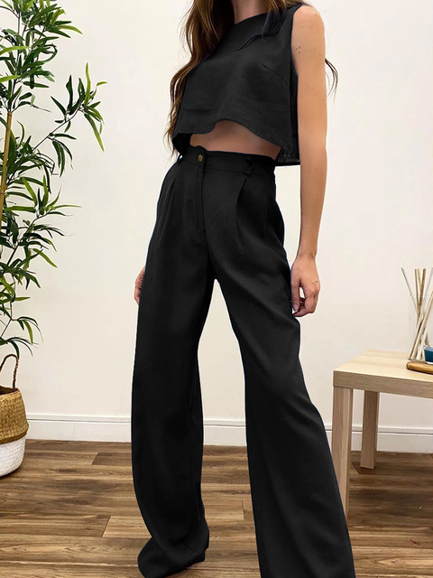 Women's Two Piece Pants OOTN Streetwear Cotton Linen O-Neck Tank Crop Top Chic 2 Pieces Sets Elastic Waist Wide Leg Suits Women Casual Fall 22113