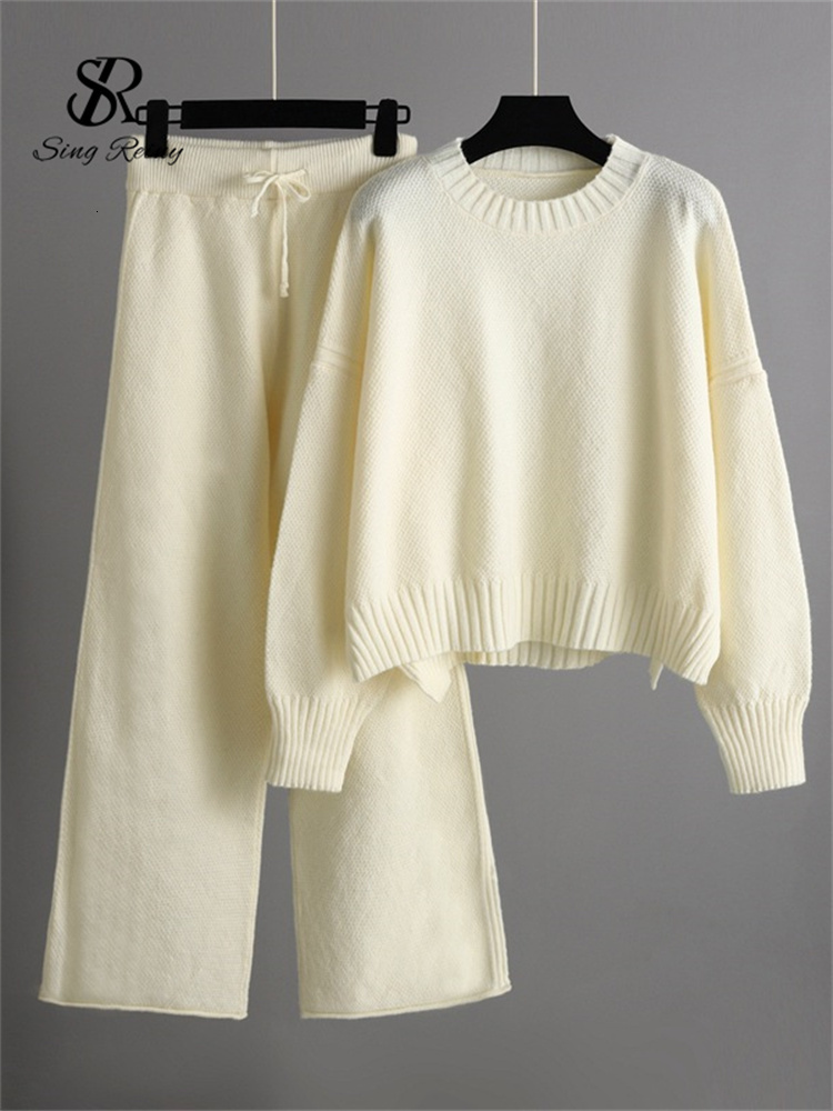 Women's Two Piece Pants SINGREINY Fashion Casual Knitted Pieces Sets Long Sleeves Loose Sweater Wide Leg Female Winter 221130