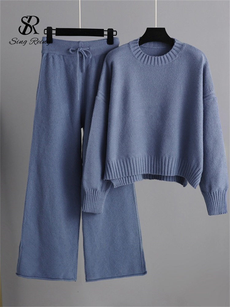 Women's Two Piece Pants SINGREINY Fashion Casual Knitted Pieces Sets Long Sleeves Loose Sweater Wide Leg Female Winter 221130