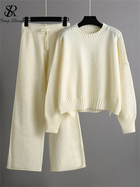 Women's Two Piece Pants SINGREINY Fashion Casual Knitted Pieces Sets Long Sleeves Loose Sweater Wide Leg Female Winter 221130