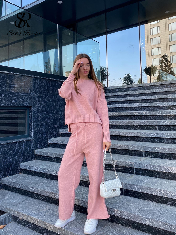 Women's Two Piece Pants SINGREINY Fashion Casual Knitted Pieces Sets Long Sleeves Loose Sweater Wide Leg Female Winter 221130