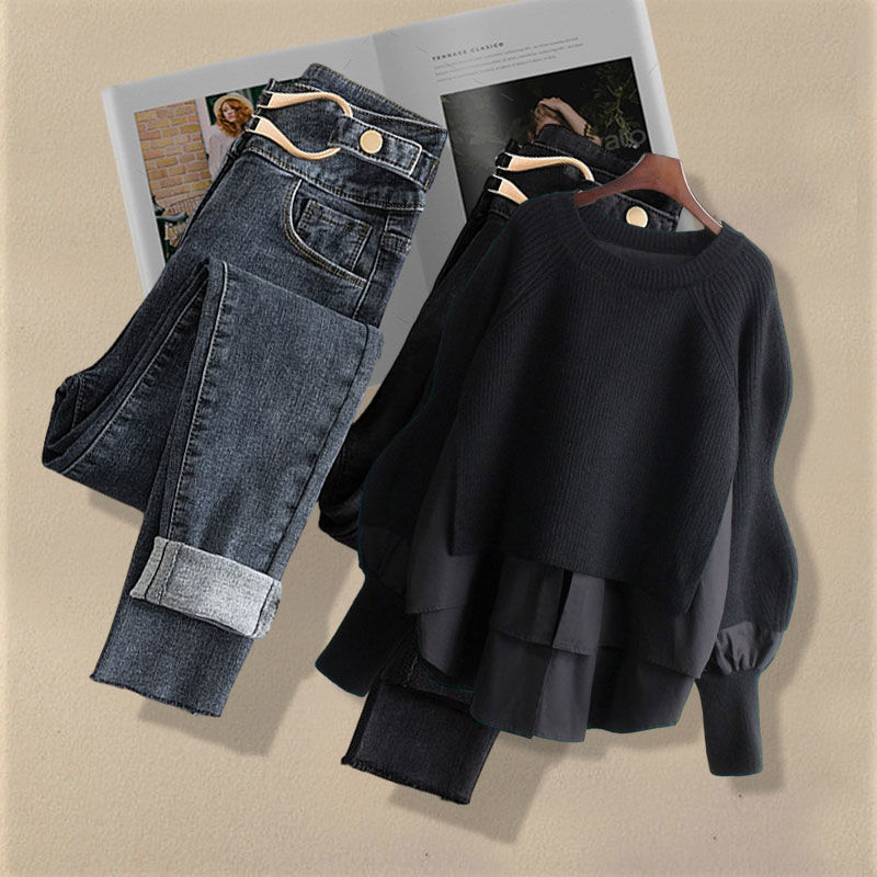 Women's Two Piece Pants Large Spring and Autumn Suit Korean Fashion Two-piece Shirt Top Slim Casual Jeans Set 221130