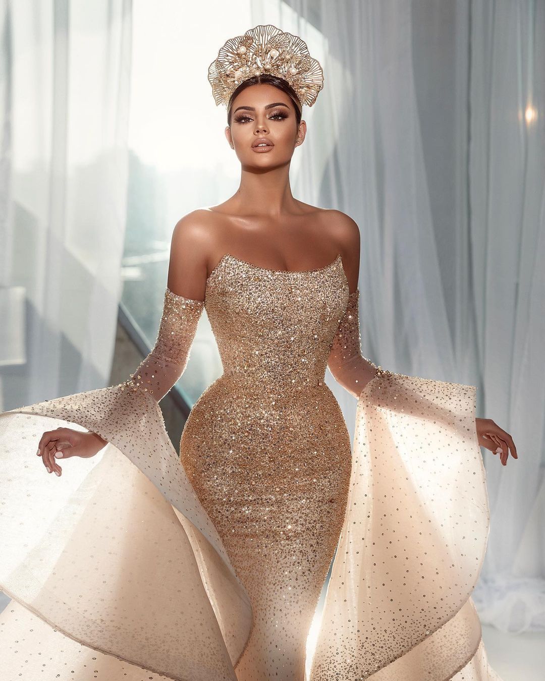 Glitter Champagne Prom Dresses Scoop Beading Party Dresses Sequined Long Sleeves Custom Made Evening Dress