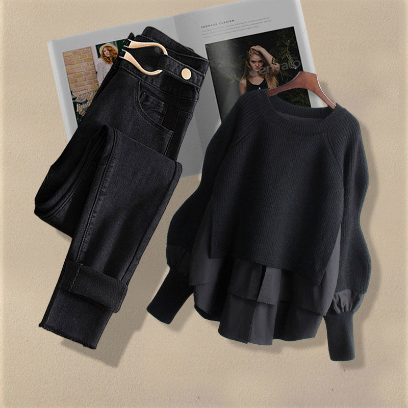 Women's Two Piece Pants Large Spring and Autumn Suit Korean Fashion Two-piece Shirt Top Slim Casual Jeans Set 221130