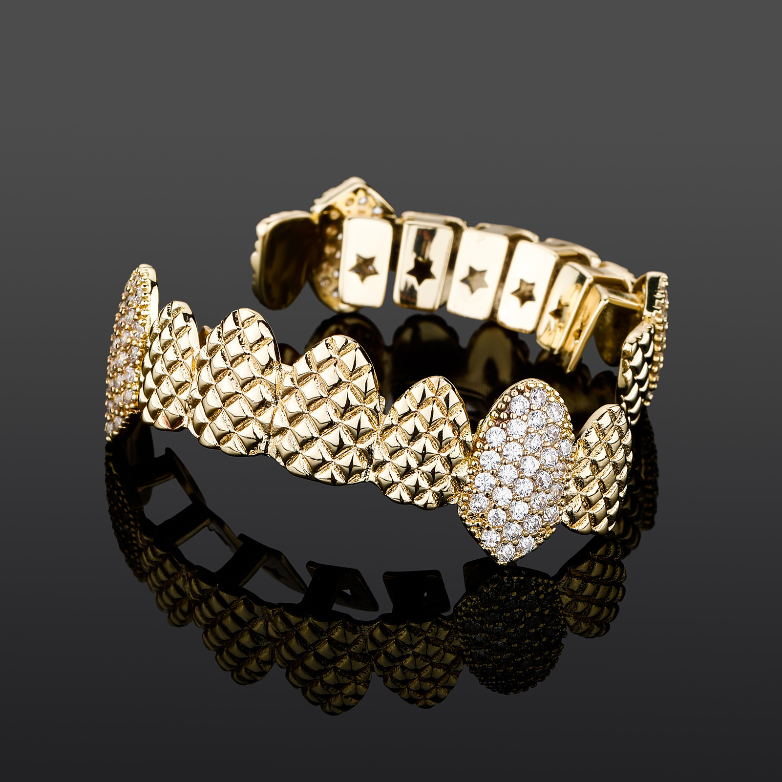 Iced Out Cubic Zircon Dental Grills Body Jewelry 18K Real Gold Punk Hip Hop Jesus Mouth Fang Grillz Brace Full Diamond Vampire Tooth Cap Cosplay Party