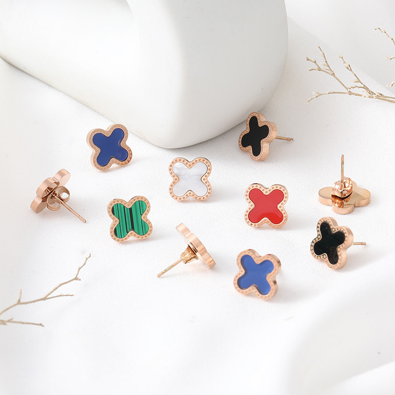 Titanium Steel Leaf Studs for Women 18K Rose Gold Plated Earrings Fashion Brand Shell Flower Jewelry Black Green White Red Leaves Charm Never Fade Not
