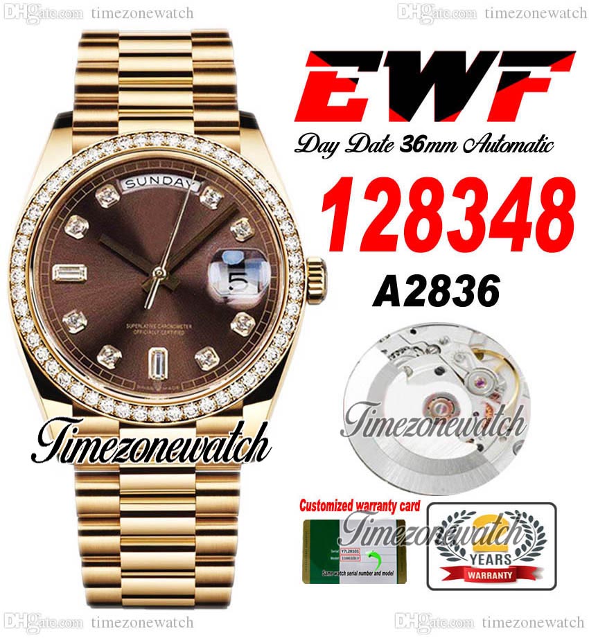 EWF 36 DayDate 128348 A2836 Automatic Mens Watch Yellow Gold Diamonds Bezel Brown Diamond Dial OysterSteel Bracelet Same Serial Card Super Edition Timezonewatch B2, Custom warranty card
EWF 36 DayDate 128348 A2836 Automatic Mens Watch Yellow Gold Diamonds Bezel Brown Diamond Dial OysterSteel Bracelet Same Serial Card Super Edition Timezonewatch B2, Custom warranty card