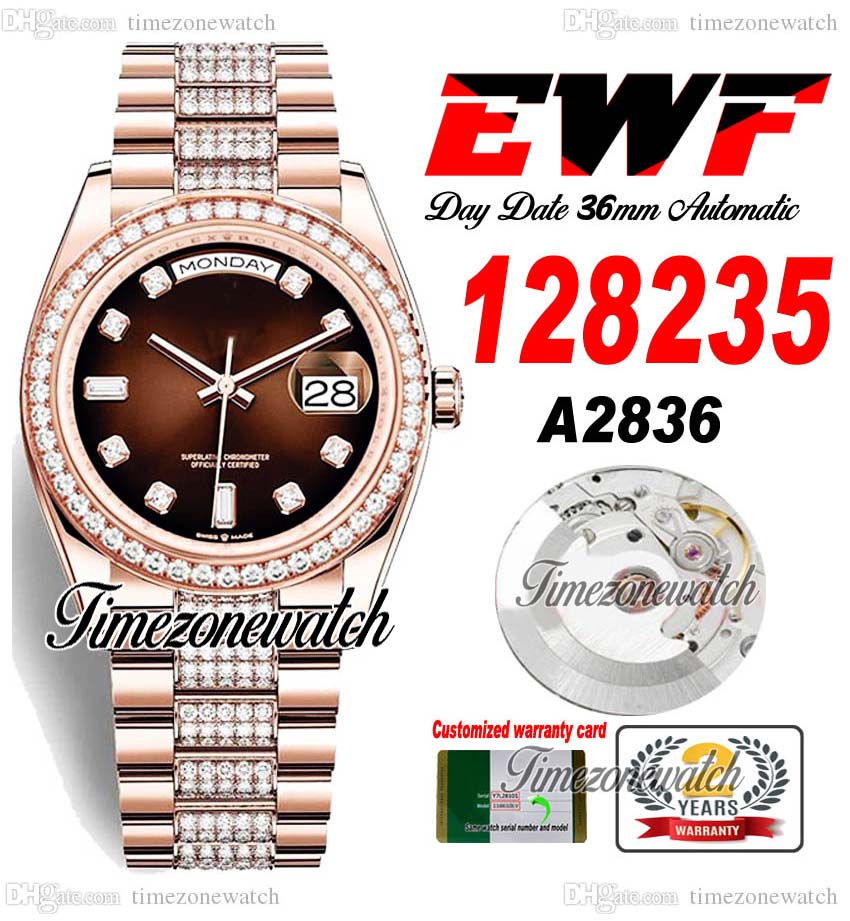 EWF DayDate 36mm 128235 A2836 Automatic Mens Watch Rose Gold Brown Diamonds Dial Diamond OysterSteel Bracelet Same Serial Card Super Edition Timezonewatch G7, Custom warranty card
EWF DayDate 36mm 128235 A2836 Automatic Mens Watch Rose Gold Brown Diamonds Dial Diamond OysterSteel Bracelet Same Serial Card Super Edition Timezonewatch G7, Custom warranty card