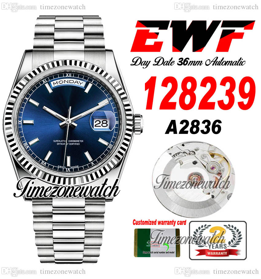 EWF DayDate 36mm 128239 A2836 Automatic Mens Watch Eta D-Blue Dial Stick Markers OysterSteel Bracelet Same Serial Card Super Edition Timezonewatch G7, Custom warranty card
EWF DayDate 36mm 128239 A2836 Automatic Mens Watch Eta D-Blue Dial Stick Markers OysterSteel Bracelet Same Serial Card Super Edition Timezonewatch G7, Custom warranty card