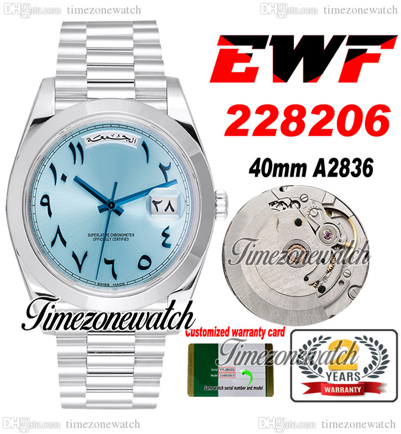 EWF DayDate 40 228206 A2836 Automatic Mens Watch Eta Polished Bezel ICE Blue Arabic Script Dial President Bracelet Same Serial Card Super Edition Timezonewatch B2, Custom warranty card
EWF DayDate 40 228206 A2836 Automatic Mens Watch Eta Polished Bezel ICE Blue Arabic Script Dial President Bracelet Same Serial Card Super Edition Timezonewatch B2, Custom warranty card