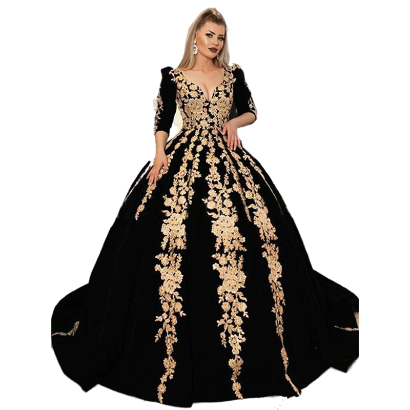 Kaftan Black Velvet Formal Evening Dresses V-Neck Half Sleeve Gold Lace Applique Beaded Caftan Arabic Dubai Winter Prom Gowns
