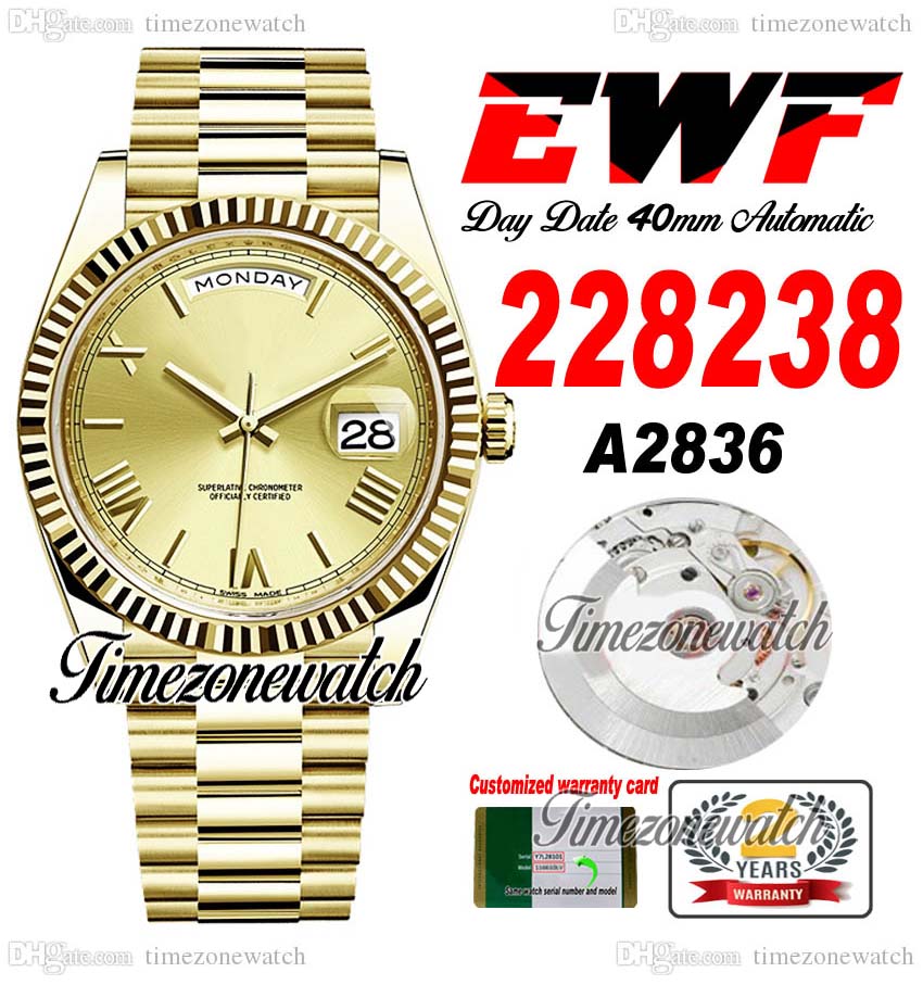 EWF DayDate 228238 A2836 Automatic Mens Watch Yellow Gold Fluted Bezel Champagne Roman Dial President Bracelet Same Serial Card Super Edition Timezonewatch B2, Custom warranty card
EWF DayDate 228238 A2836 Automatic Mens Watch Yellow Gold Fluted Bezel Champagne Roman Dial President Bracelet Same Serial Card Super Edition Timezonewatch B2, Custom warranty card