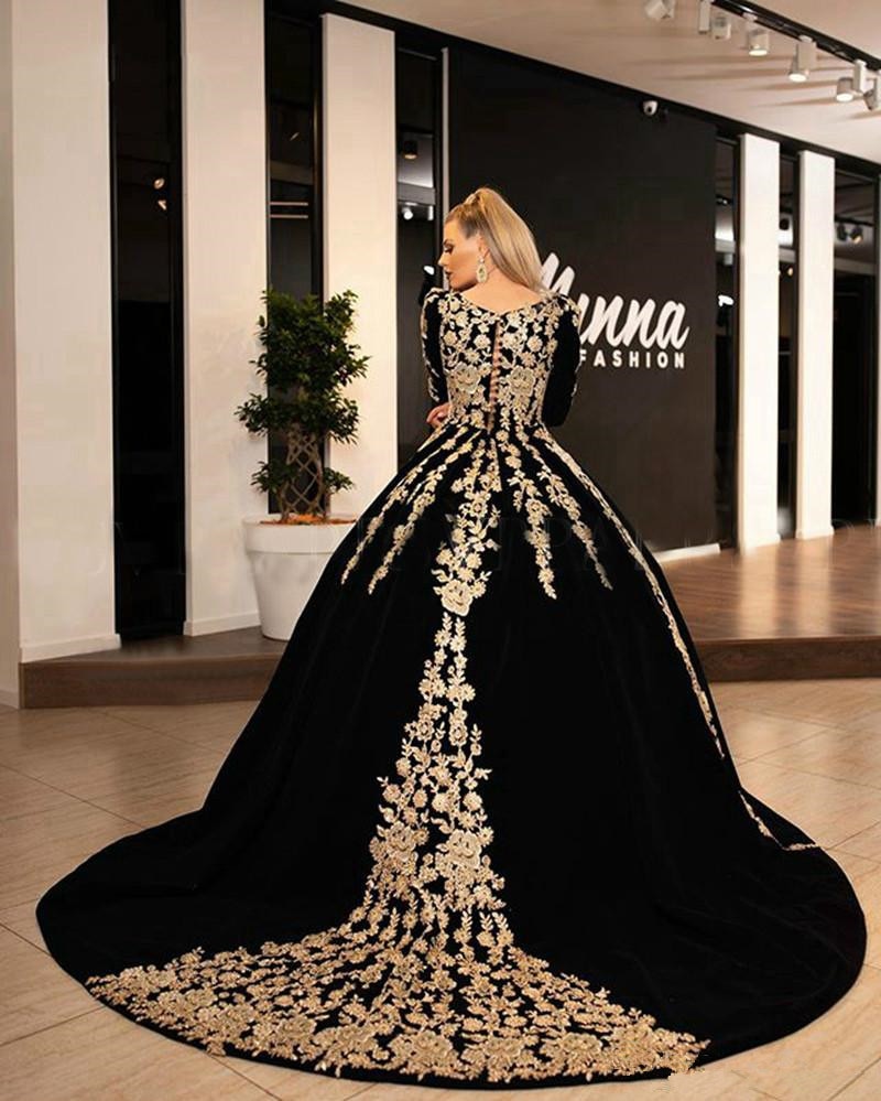 Kaftan Black Velvet Formal Evening Dresses V-Neck Half Sleeve Gold Lace Applique Beaded Caftan Arabic Dubai Winter Prom Gowns
