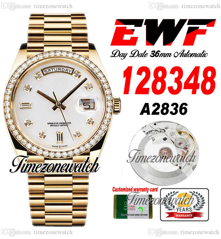EWF 36 DayDate 128348 A2836 Automatic Mens Watch Yellow Gold Diamonds Bezel MOP Diamond Dial OysterSteel Bracelet Same Serial Card Super Edition Timezonewatch C3, Custom warranty card
EWF 36 DayDate 128348 A2836 Automatic Mens Watch Yellow Gold Diamonds Bezel MOP Diamond Dial OysterSteel Bracelet Same Serial Card Super Edition Timezonewatch C3, Custom warranty card
