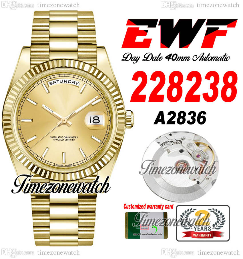 EWF DayDate 228238 A2836 Automatic Mens Watch Yellow Gold Fluted Bezel Champagne Stick Dial President Bracelet Same Serial Card Super Edition Timezonewatch A1, Custom warranty card
EWF DayDate 228238 A2836 Automatic Mens Watch Yellow Gold Fluted Bezel Champagne Stick Dial President Bracelet Same Serial Card Super Edition Timezonewatch A1, Custom warranty card
