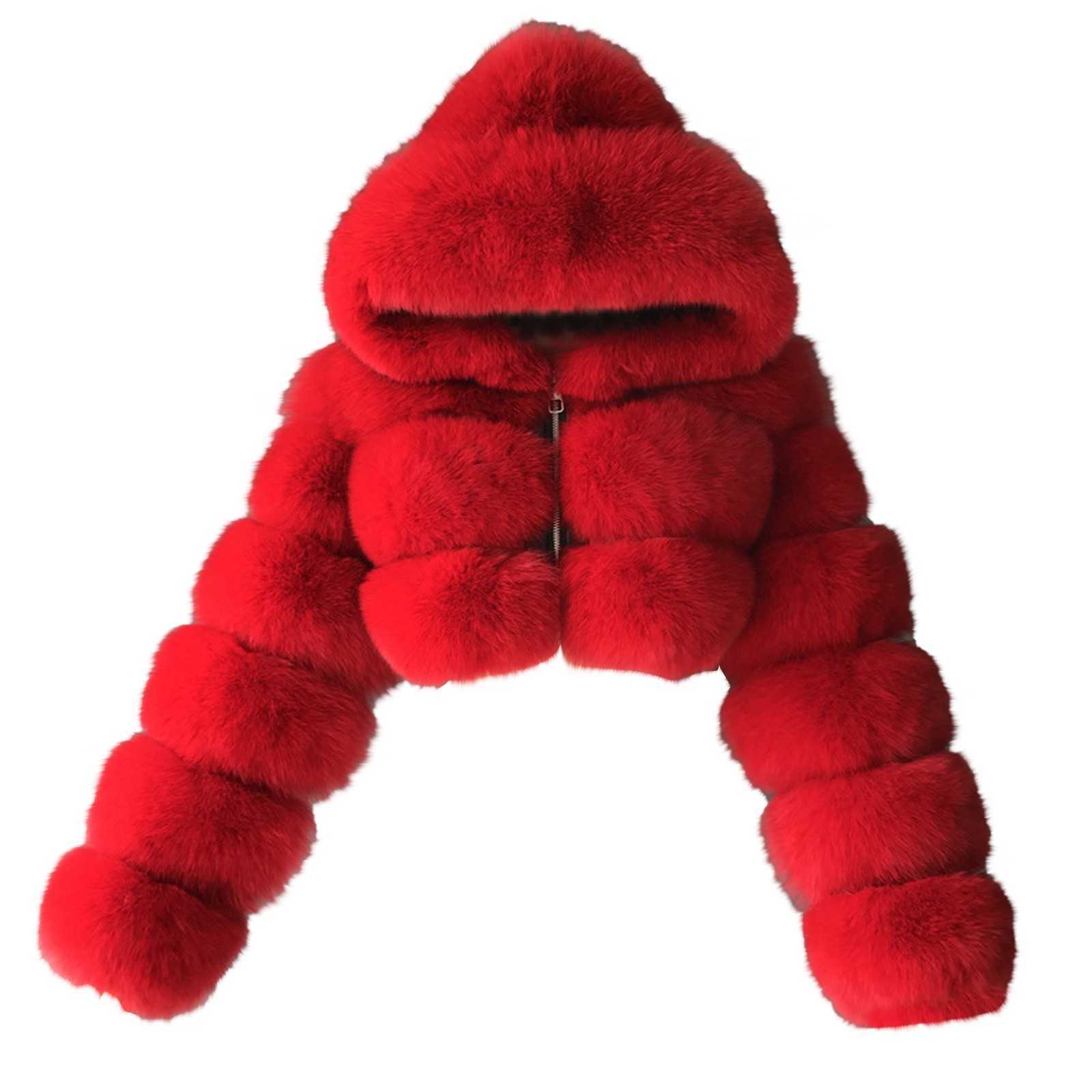 Cropped Faux Coats And Jackets Women Fluffy Top With Hood Winter Fur Jacket Coat Manteau Femme