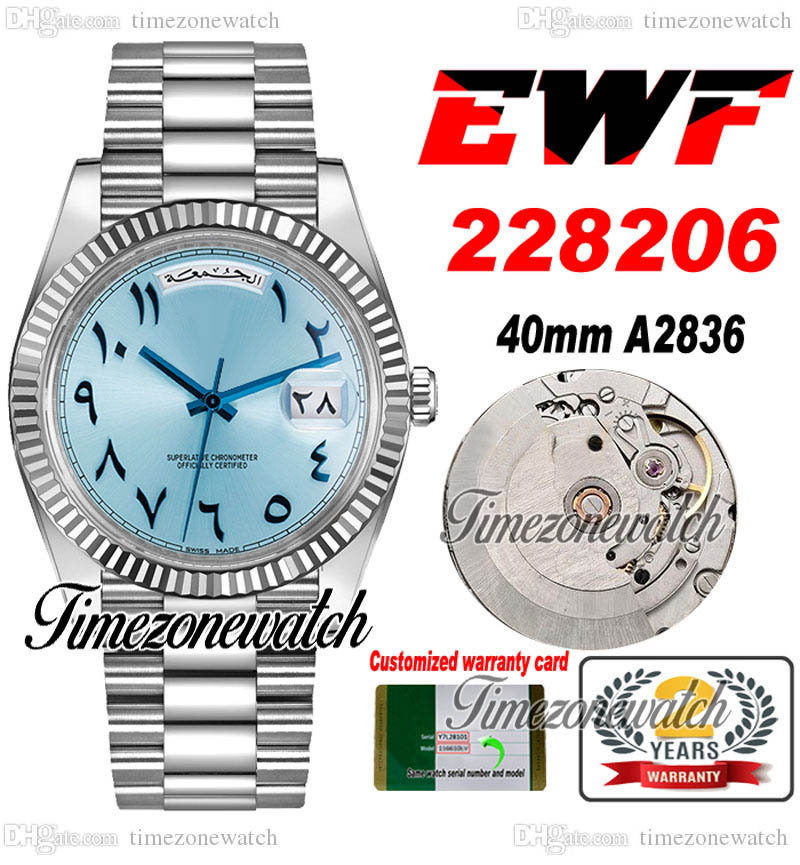 EWF DayDate 40 228206 A2836 Automatic Mens Watch Fluted Bezel Ice Blue Arabic Script Dial JubileeSteel Bracelet Same Serial Card Super Edition Timezonewatch A1, Custom warranty card
EWF DayDate 40 228206 A2836 Automatic Mens Watch Fluted Bezel Ice Blue Arabic Script Dial JubileeSteel Bracelet Same Serial Card Super Edition Timezonewatch A1, Custom warranty card