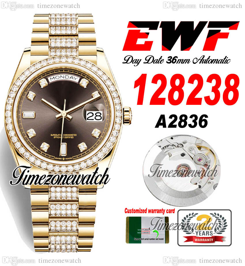 EWF DayDate 36mm 128235 A2836 Automatic Mens Watch Yellow Gold Brwon Diamonds Dial Diamond OysterSteel Bracelet Same Serial Card Super Edition Timezonewatch K11, Custom warranty card
EWF DayDate 36mm 128235 A2836 Automatic Mens Watch Yellow Gold Brwon Diamonds Dial Diamond OysterSteel Bracelet Same Serial Card Super Edition Timezonewatch K11, Custom warranty card
