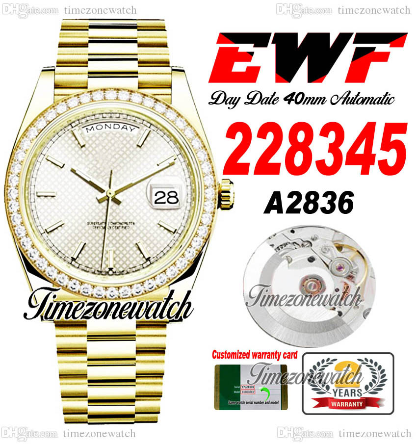 EWF DayDate 40 228345 A2836 Automatic Mens Watch Diamonds Bezel Yellow Gold Silver Stick Dial OysterSteel Bracelet Same Serial Card Super Edition Timezonewatch C3, Custom warranty card
EWF DayDate 40 228345 A2836 Automatic Mens Watch Diamonds Bezel Yellow Gold Silver Stick Dial OysterSteel Bracelet Same Serial Card Super Edition Timezonewatch C3, Custom warranty card