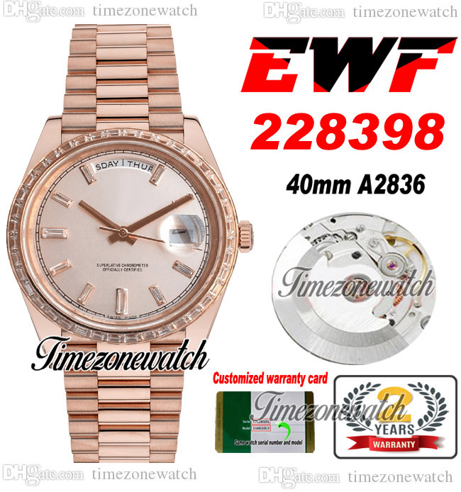 EWF V2 DayDate 228396 A2836 Automatic Mens Watch 40 RG Diamonds Bezel Champagne Baguette Diamond Dial President Bracelet Same Serial Card Super Timezonewatch F6, Custom warranty card
EWF V2 DayDate 228396 A2836 Automatic Mens Watch 40 RG Diamonds Bezel Champagne Baguette Diamond Dial President Bracelet Same Serial Card Super Timezonewatch F6, Custom warranty card