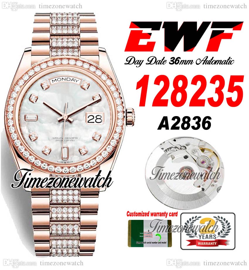 EWF DayDate 36mm 128235 Aeta2836 Automatic Mens Watch Rose Gold MOP Diamonds Dial Diamond OysterSteel Bracelet Same Serial Card Super Edition Timezonewatch E5, Custom warranty card
EWF DayDate 36mm 128235 Aeta2836 Automatic Mens Watch Rose Gold MOP Diamonds Dial Diamond OysterSteel Bracelet Same Serial Card Super Edition Timezonewatch E5, Custom warranty card