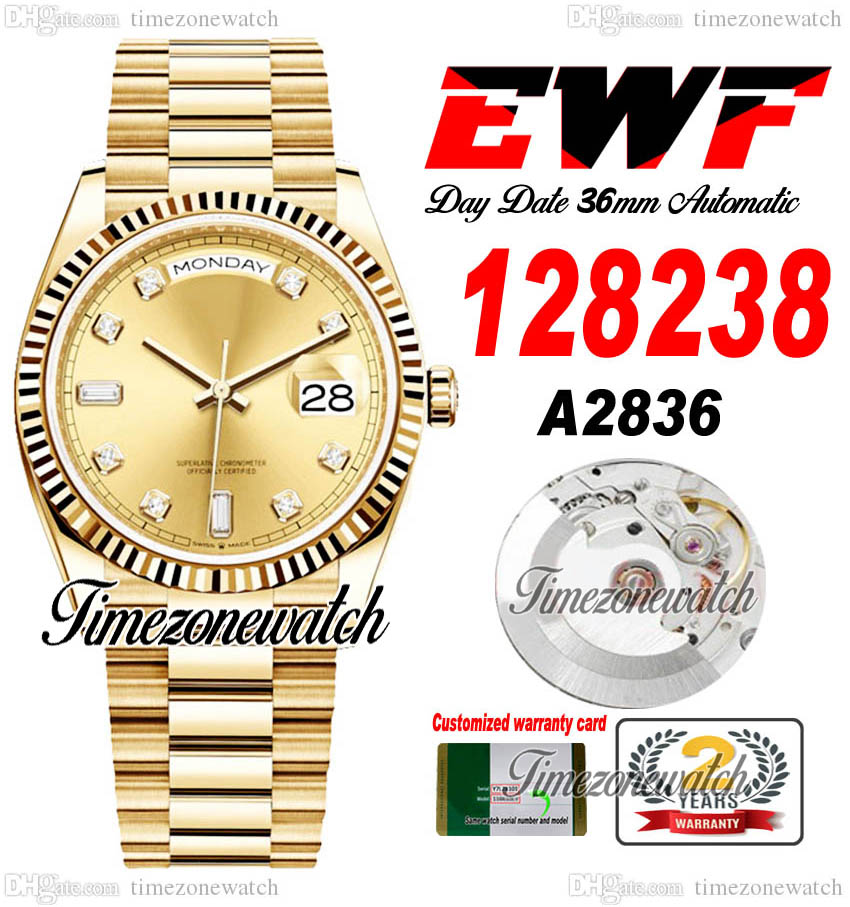 EWF DayDate 36mm 128238 A2836 Automatic Mens Watch Eta Yellow Gold Champagne Diamonds Dial OysterSteel Bracelet Same Serial Card Super Edition Timezonewatch G7, Custom warranty card
EWF DayDate 36mm 128238 A2836 Automatic Mens Watch Eta Yellow Gold Champagne Diamonds Dial OysterSteel Bracelet Same Serial Card Super Edition Timezonewatch G7, Custom warranty card