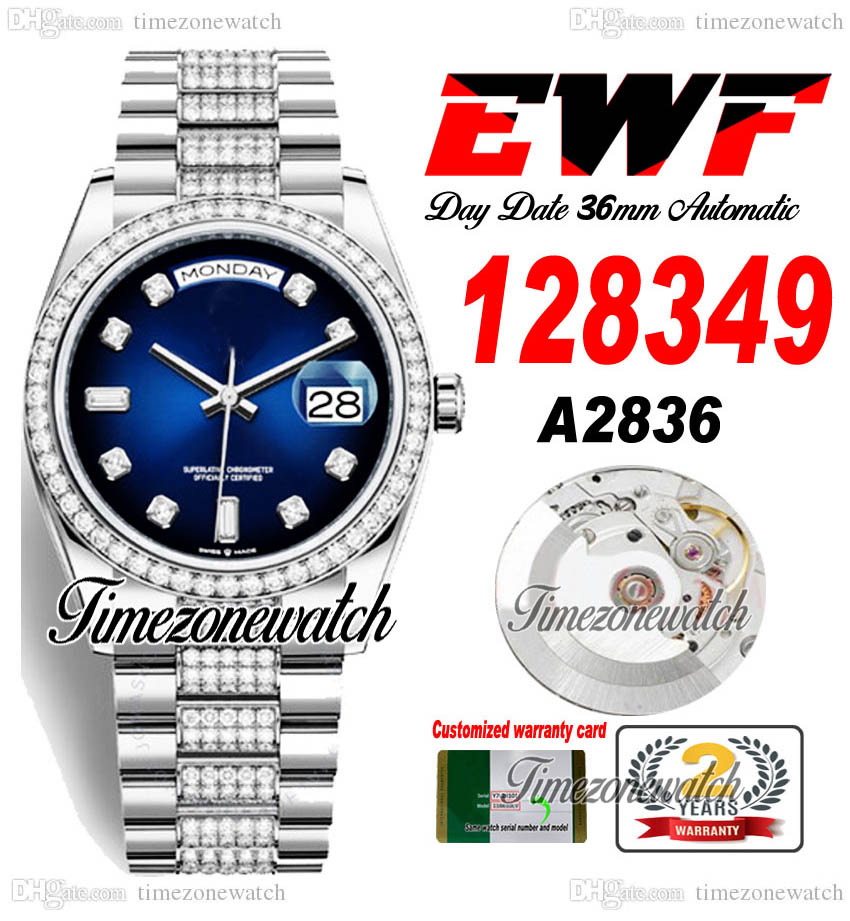 EWF DayDate 36mm 128349 A2836 Automatic Mens Watch Diamonds Case Blue Diamonds Dial Diamond OysterSteel Bracelet Same Serial Card Super Edition Timezonewatch D4, Custom warranty card
EWF DayDate 36mm 128349 A2836 Automatic Mens Watch Diamonds Case Blue Diamonds Dial Diamond OysterSteel Bracelet Same Serial Card Super Edition Timezonewatch D4, Custom warranty card
